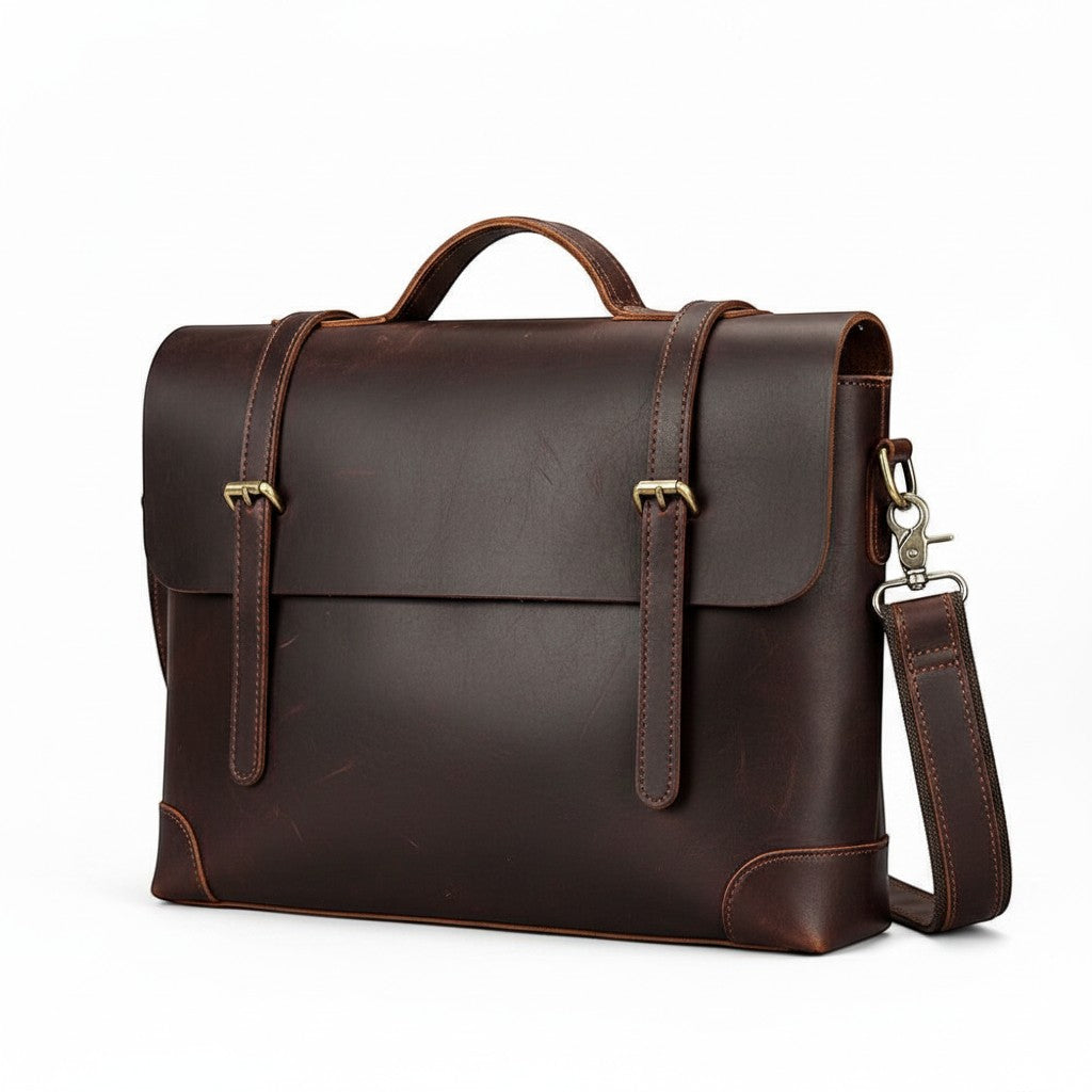 Barcon Getta Inc MANGECHA dark brown full grain leather briefcase with buckle straps and adjustable shoulder strap.