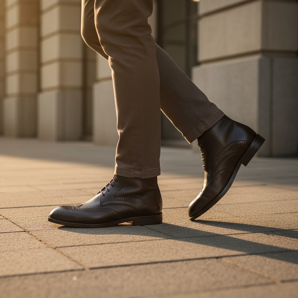 Barcon Getta Inc MAPUTO black full grain leather wingtip brogue boots with lace-up closure.