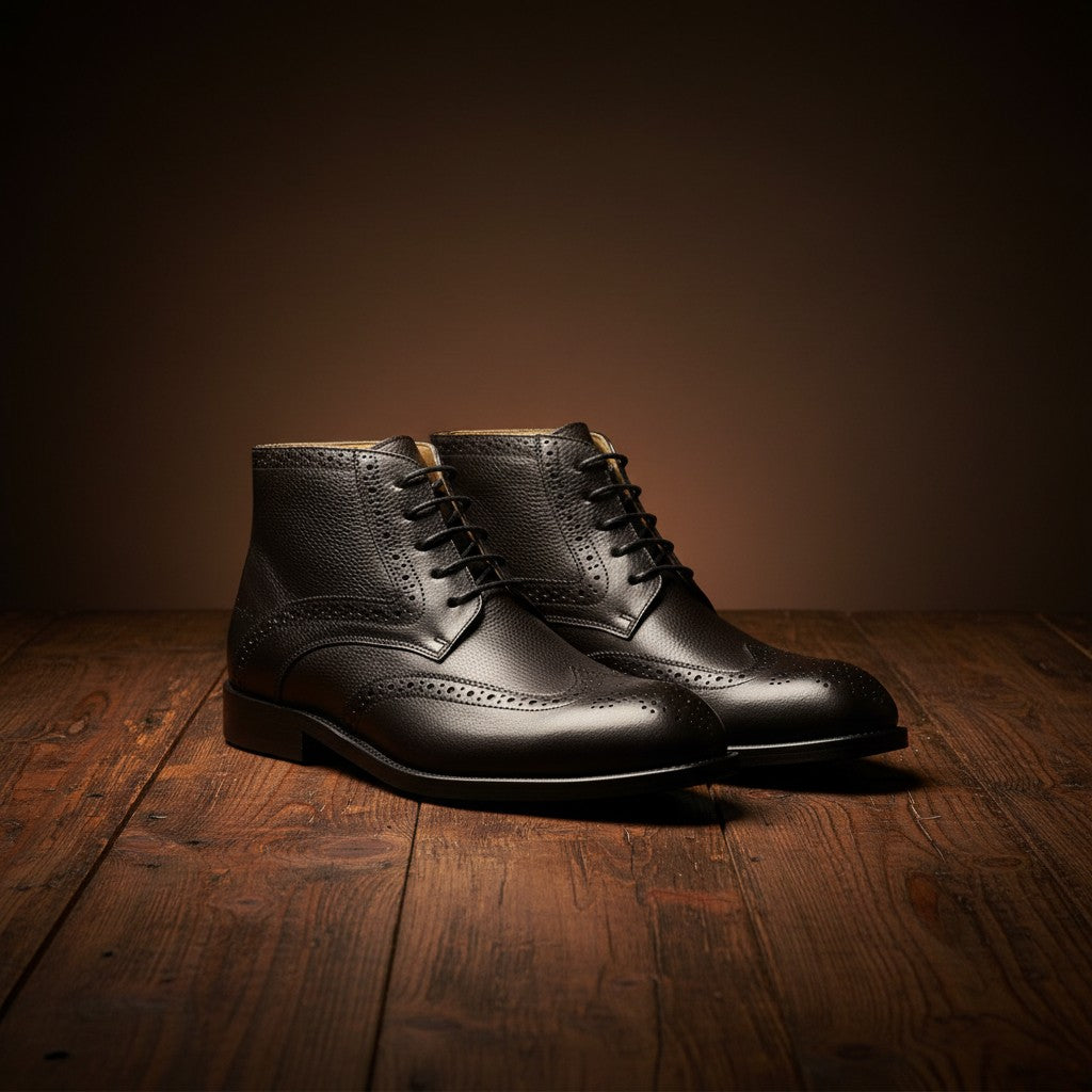 Barcon Getta Inc MAPUTO black full grain leather wingtip brogue boots with lace-up closure.
