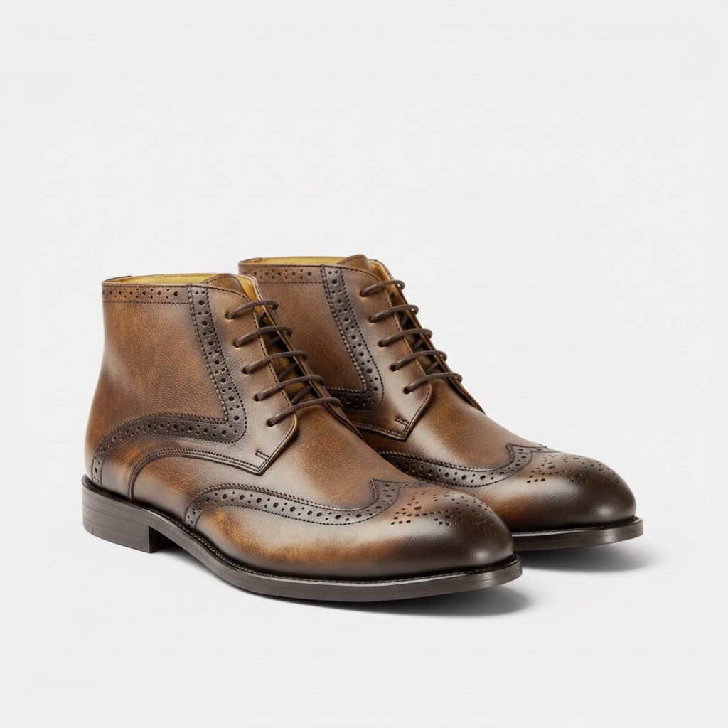 Barcon Getta Inc MAPUTO brown full grain leather wingtip boots with brogue detailing and lace-up closure.