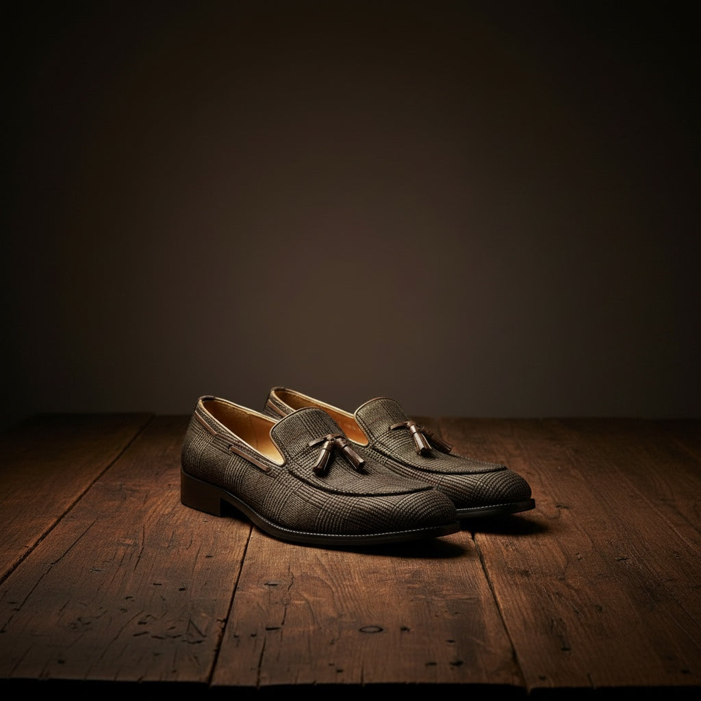 Barcon Getta Inc MASERU charcoal grey Glen plaid suede tassel loafers with leather lining and stacked heel.