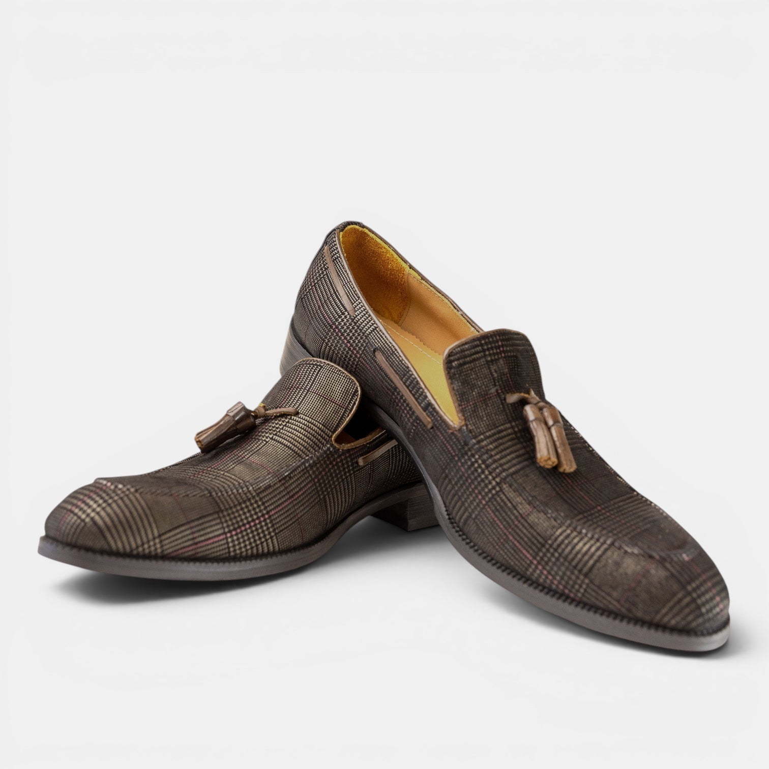 Barcon Getta Inc MASERU charcoal grey suede tartan tassel loafers with rounded toe and stacked heel.