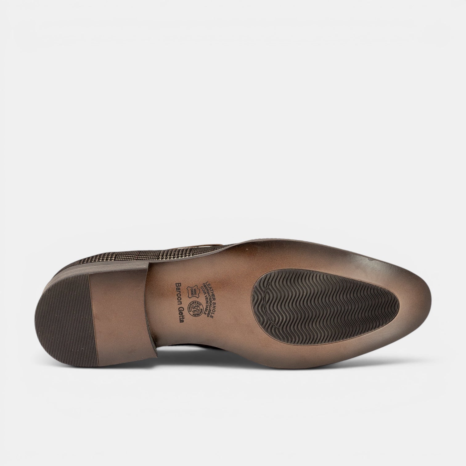 Barcon Getta Inc MASERU charcoal grey suede Glen plaid tassel loafer, rounded toe, stacked heel.