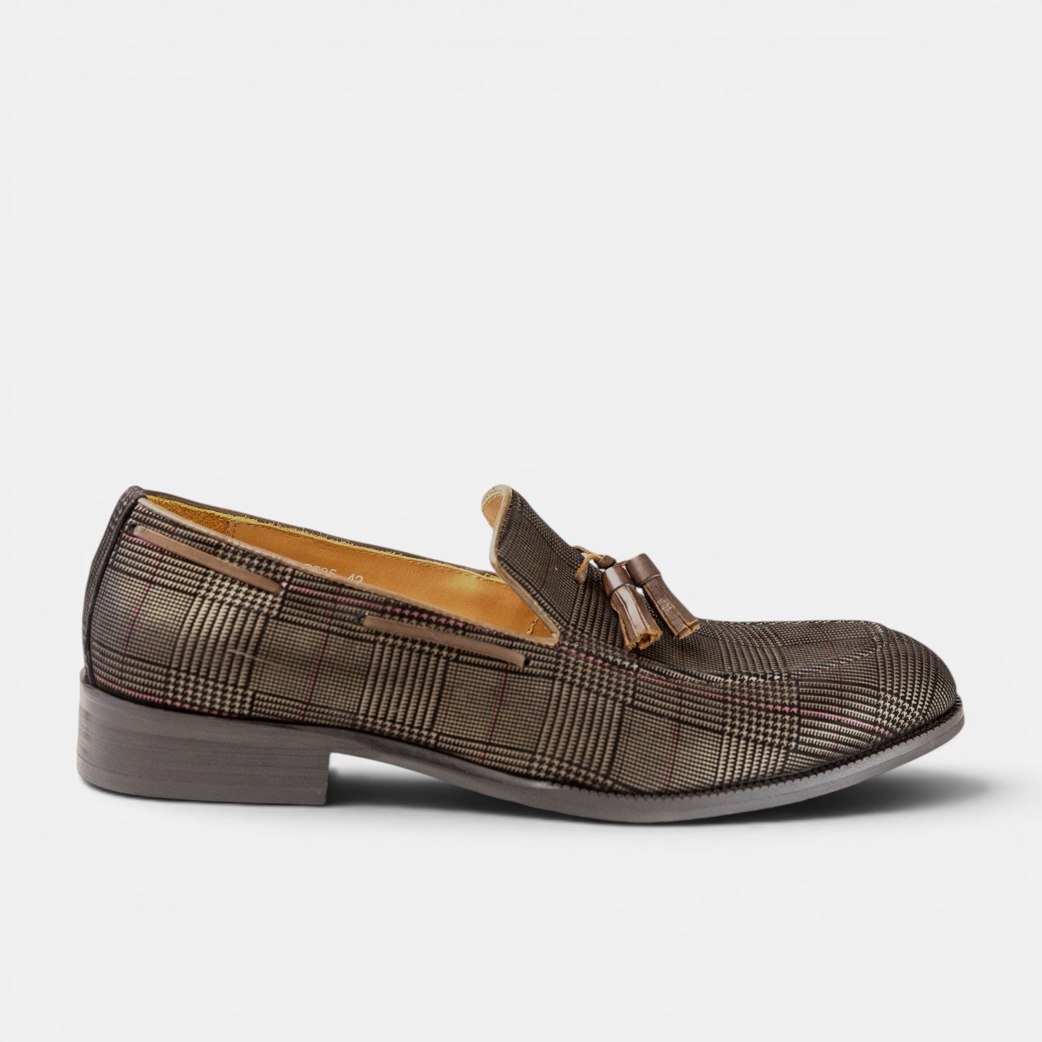 Barcon Getta Inc MASERU Glen plaid suede tassel loafer in charcoal grey with brown tassels and tan lining.