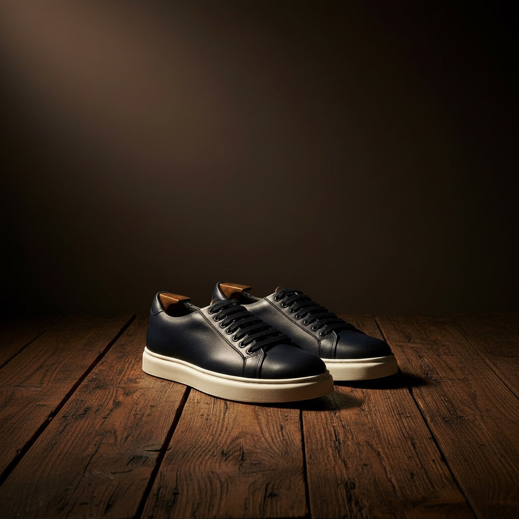 Barcon Getta Inc MEDA LOW TOP sneakers in hand-burnished deep navy full grain leather with white soles and black laces.