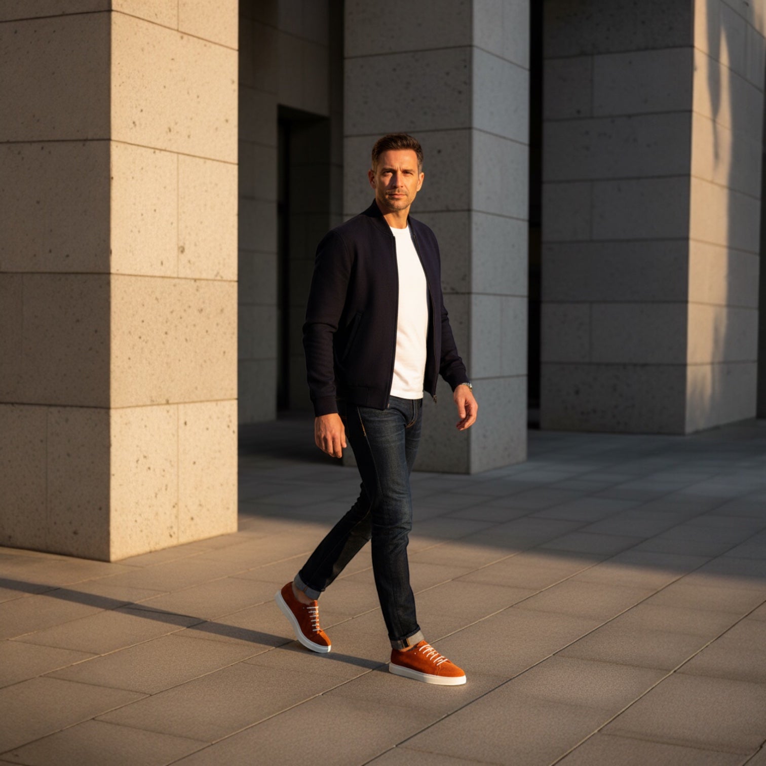 Barcon Getta Inc MEDA LOW TOP SUEDE sneakers in burnt orange suede with white stitching and white soles. Man walking.