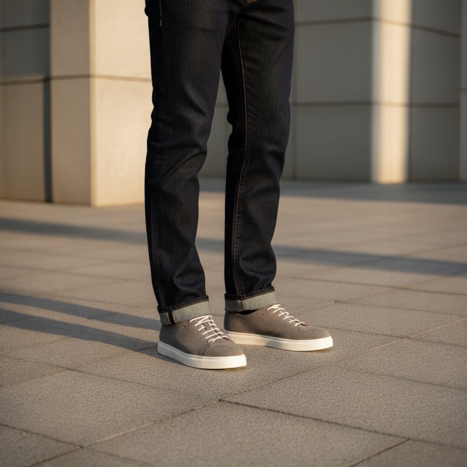 Barcon Getta Inc MEDA LOW TOP SUEDE sneakers in slate grey suede with white laces and white soles.