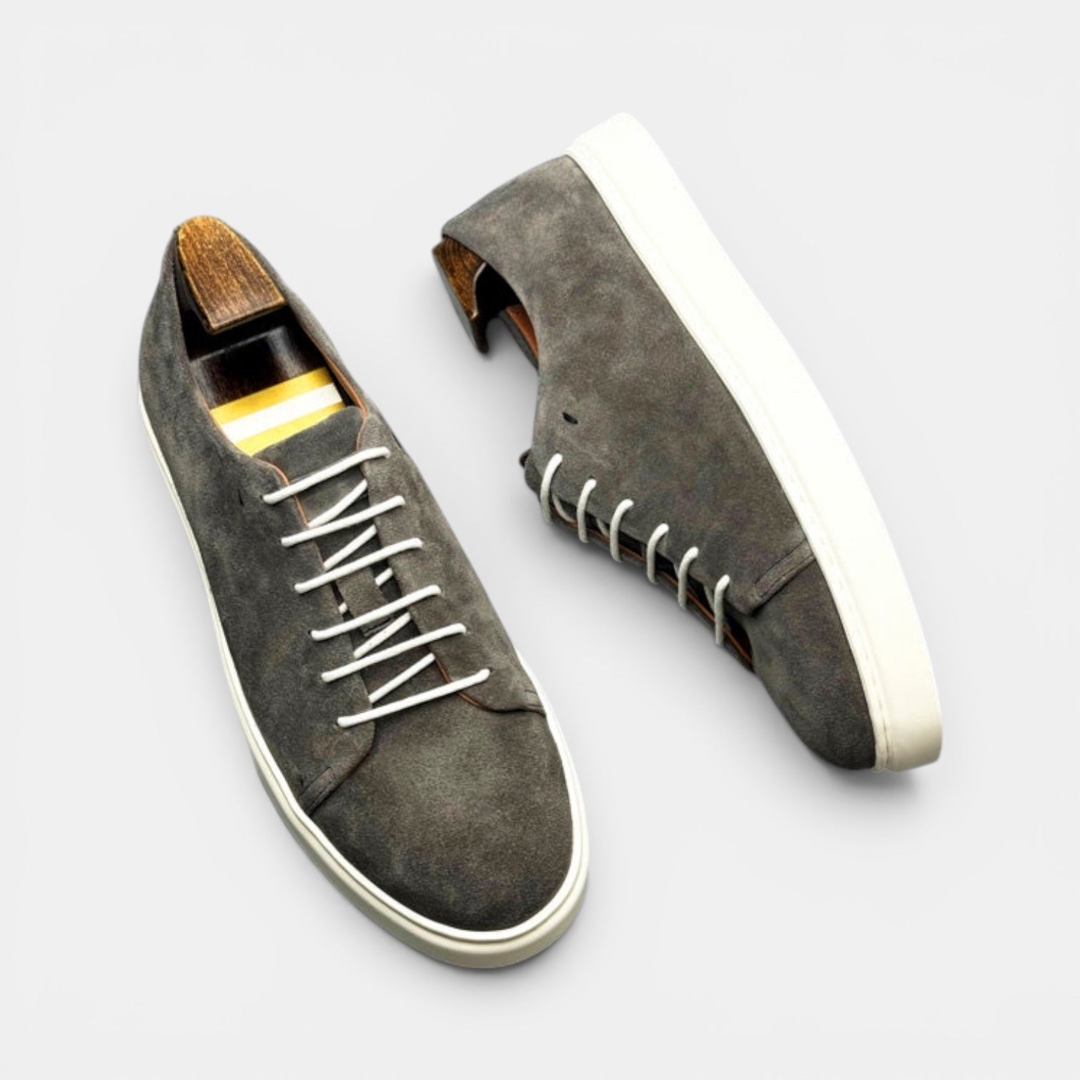 Barcon Getta Inc MEDA LOW TOP SUEDE sneakers in slate grey suede with white laces and white soles.