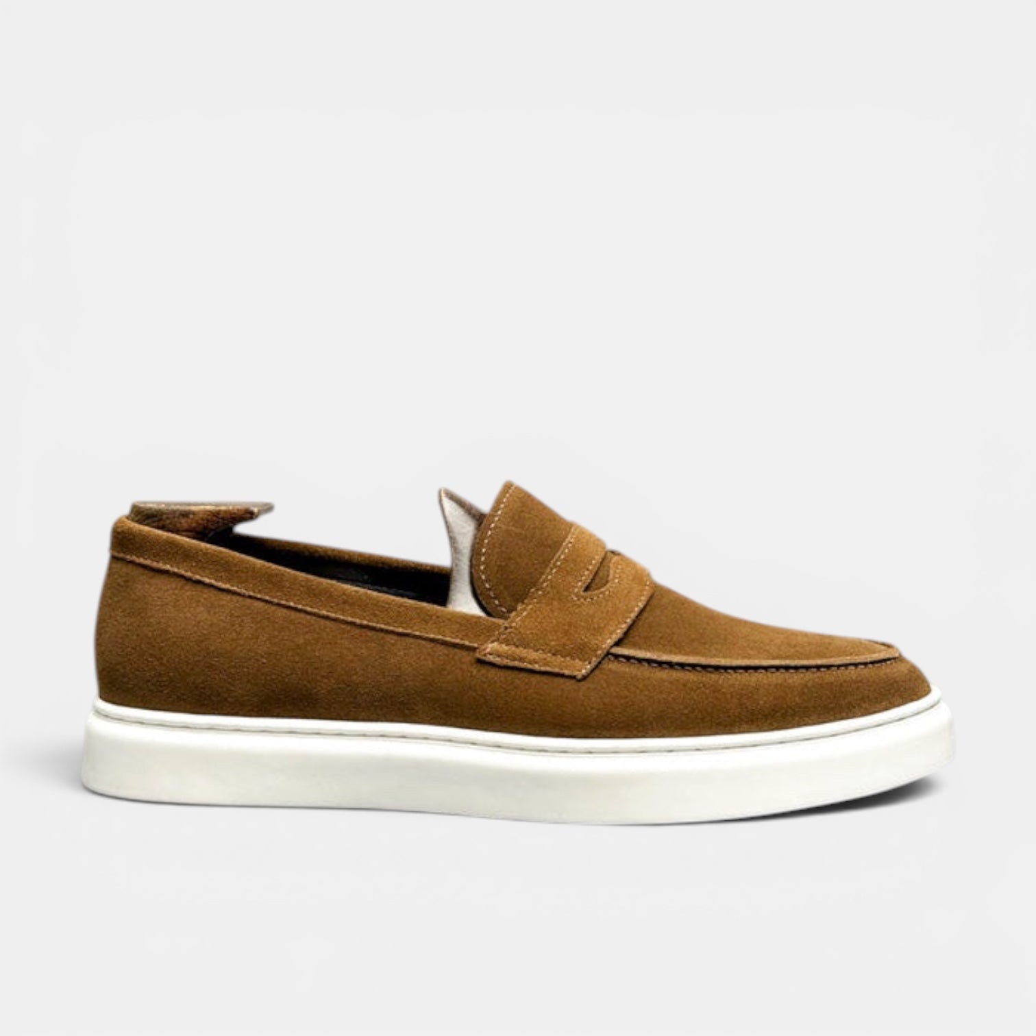 Barcon Getta Inc MEDA warm tan suede nubuck penny loafer sneakers with white cupsole.