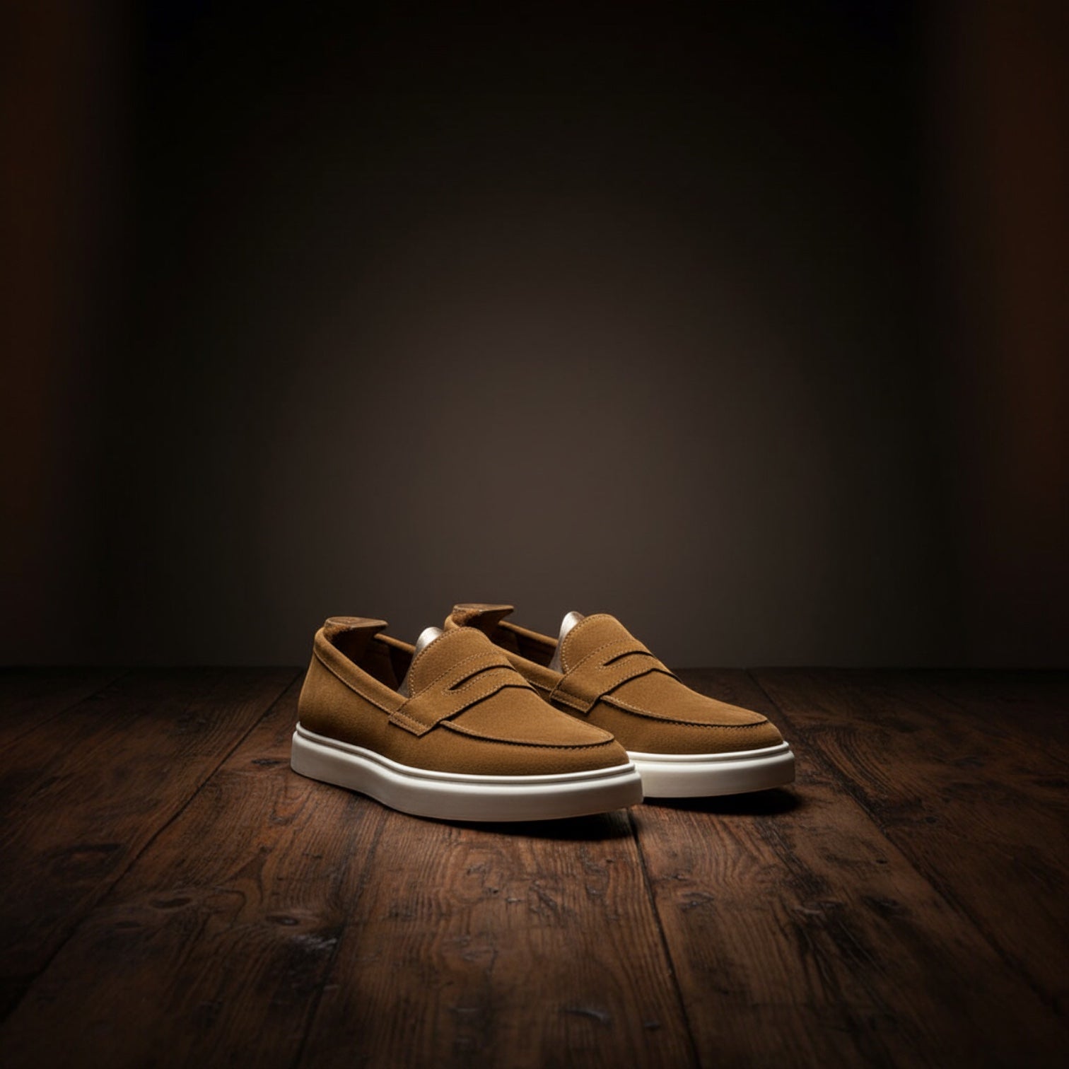Barcon Getta Inc MEDA warm tan suede nubuck penny loafer sneakers with white rubber soles and a classic penny saddle strap.