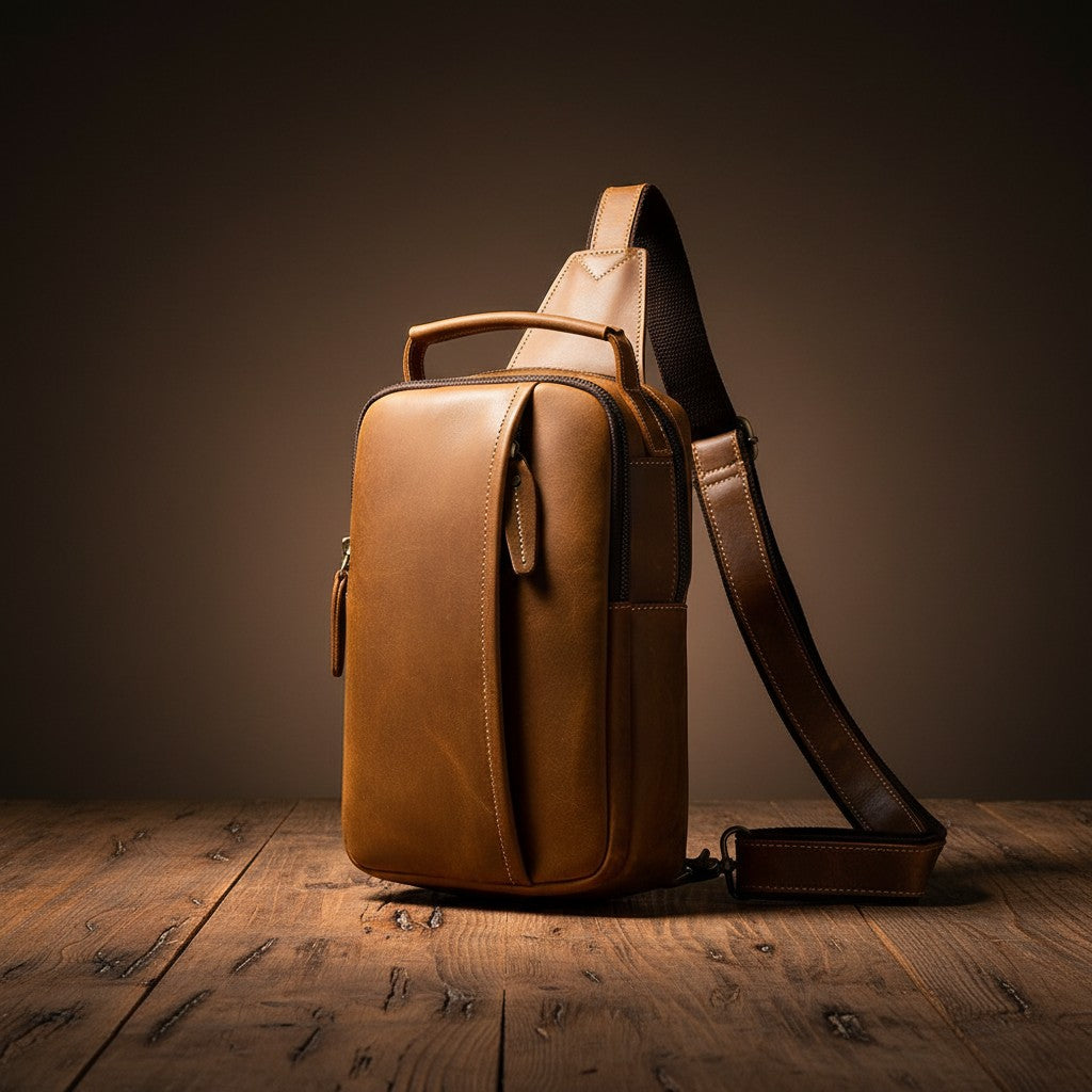 Barcon Getta Inc MERIDIAN brown genuine leather cross-body bag with adjustable strap and multiple zippered compartments.