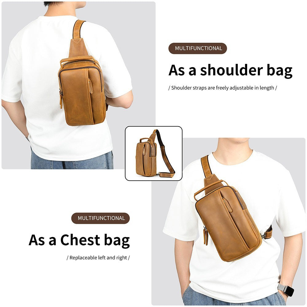 Barcon Getta Inc MERIDIAN brown leather cross-body bag with multiple zippered compartments and adjustable strap, worn by a man.