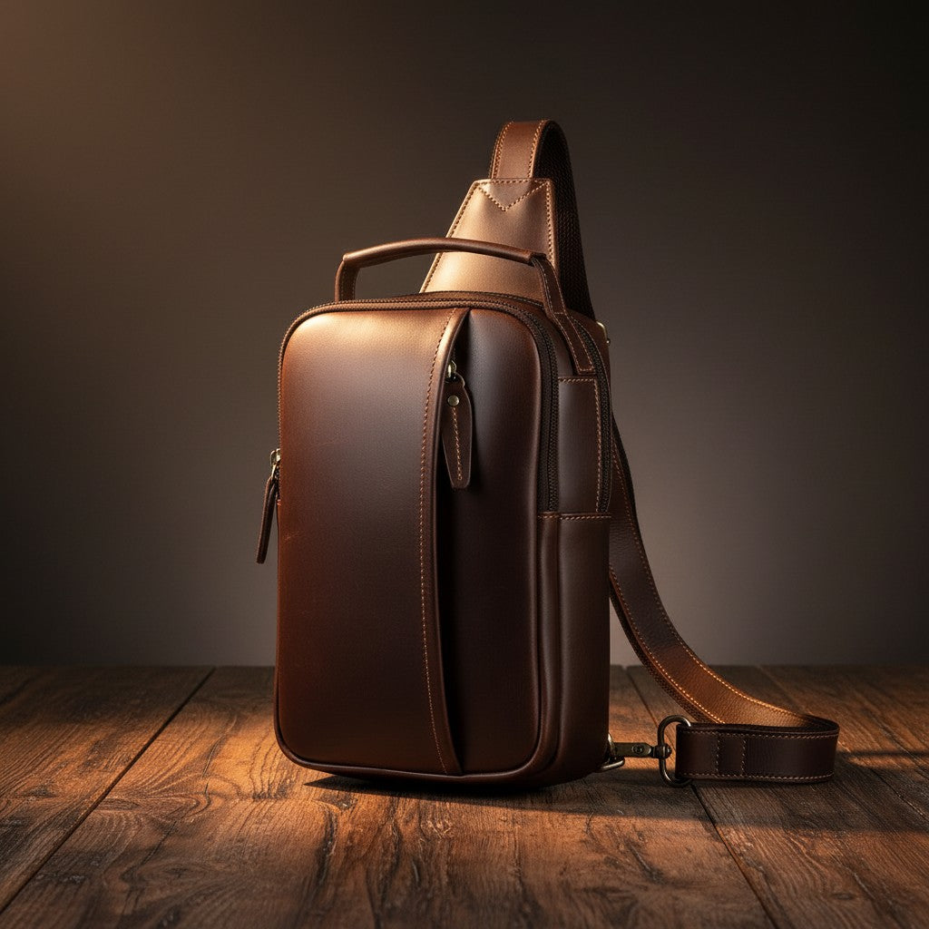 Barcon Getta Inc MERIDIAN brown genuine leather cross-body bag with adjustable strap and multiple compartments.