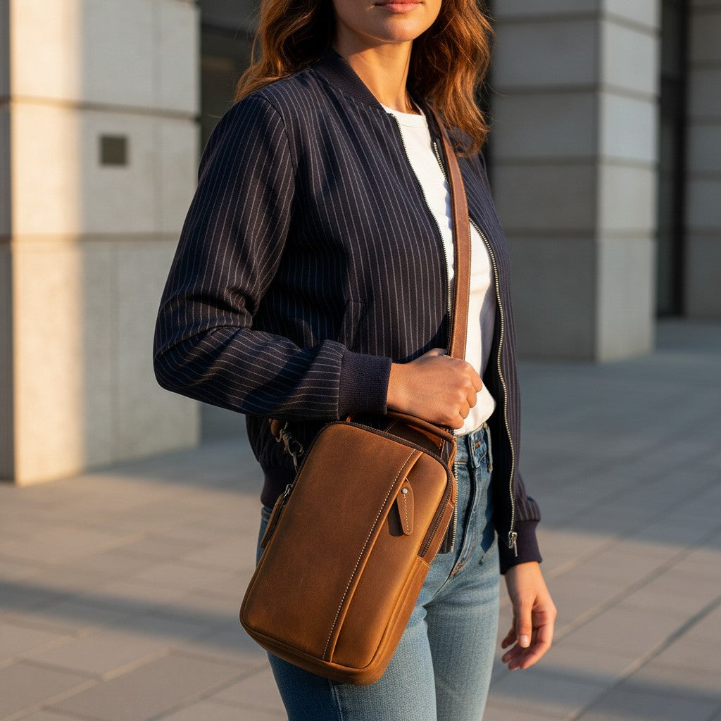 Barcon Getta Inc MERIDIAN brown genuine leather cross-body bag with adjustable strap and multiple zippered compartments.