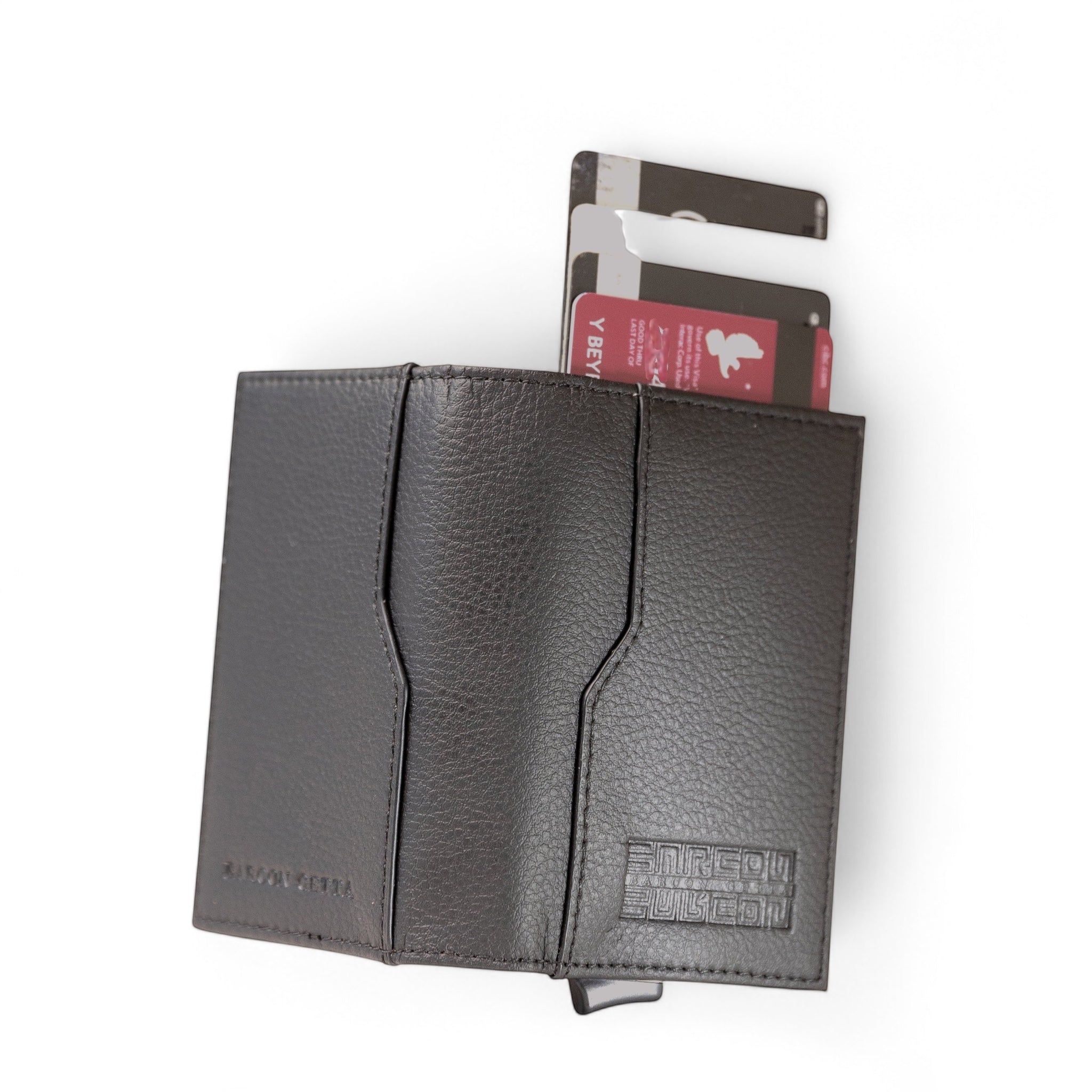 Barcon Getta Inc minimalist dark brown full grain leather 5-card holder wallet with 3 slots.