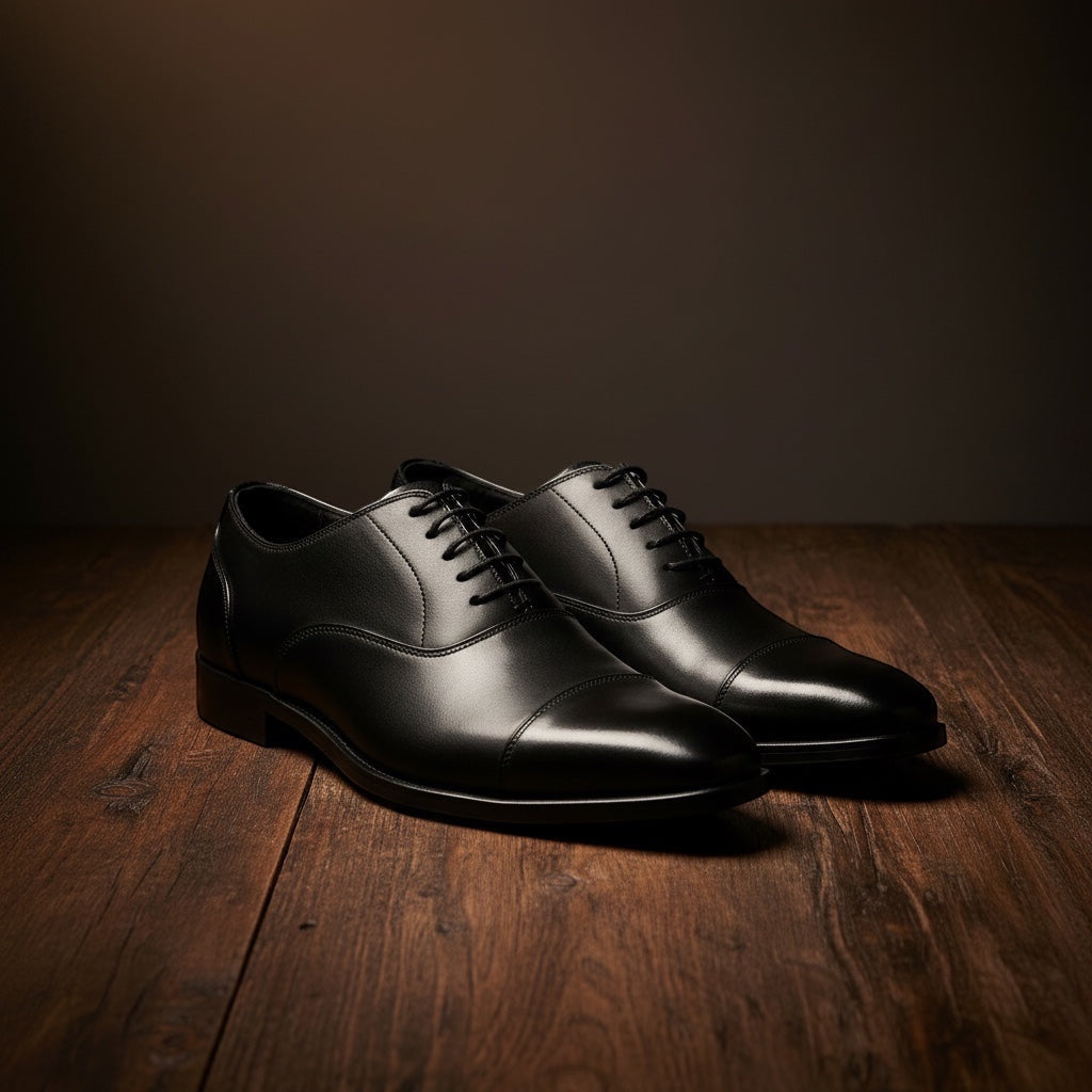 Barcon Getta Inc MOGADISHU black full grain leather cap toe Oxford dress shoes with closed lacing.