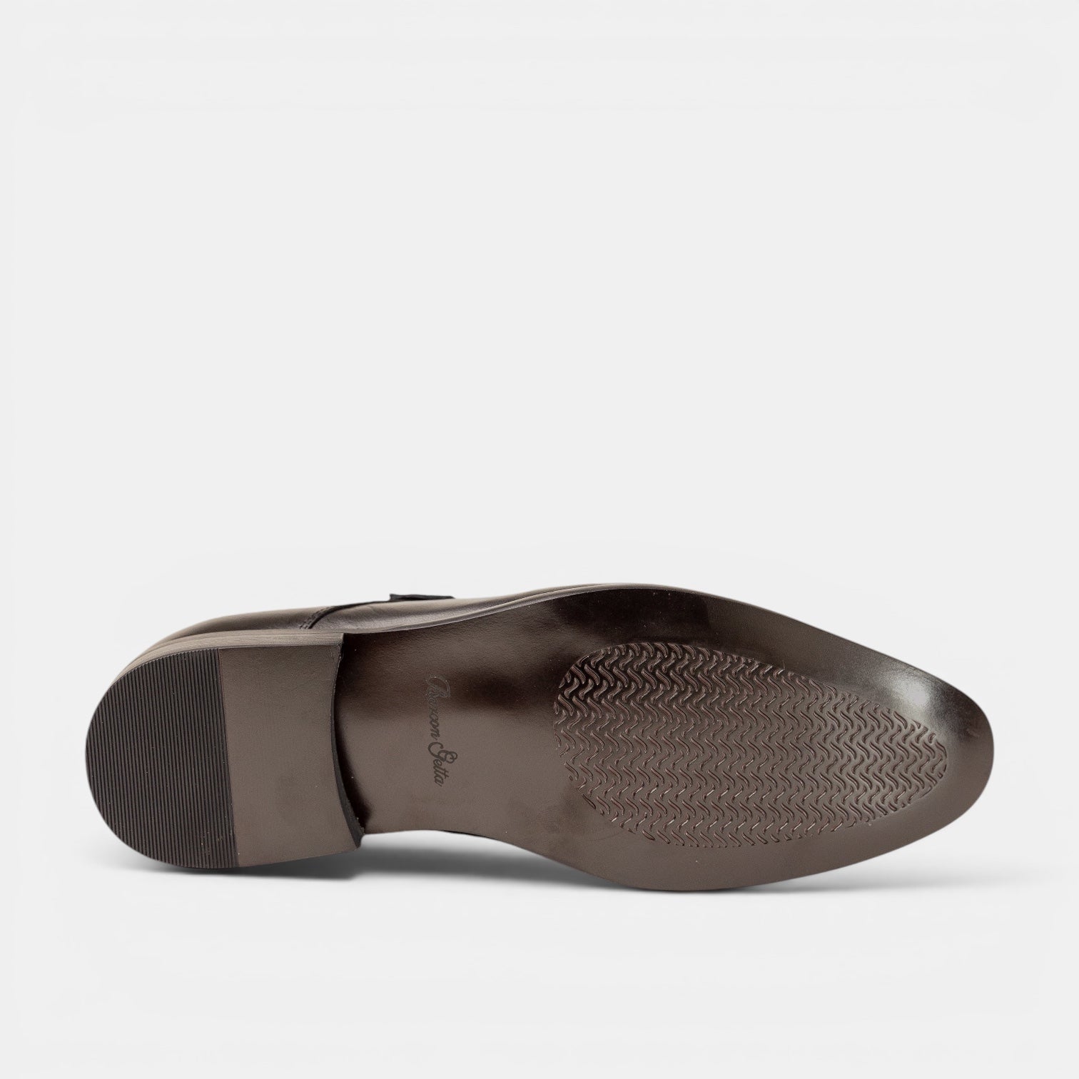 Barcon Getta Inc MORONI single monk strap dress shoes in gunmetal black full grain leather with blue iridescence and apron toe seam.