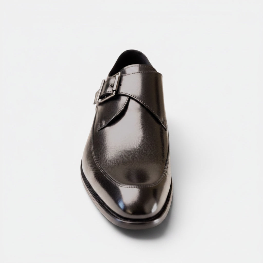 Barcon Getta Inc MORONI single monk strap dress shoes in gunmetal black high-gloss leather with blue iridescence and apron toe.
