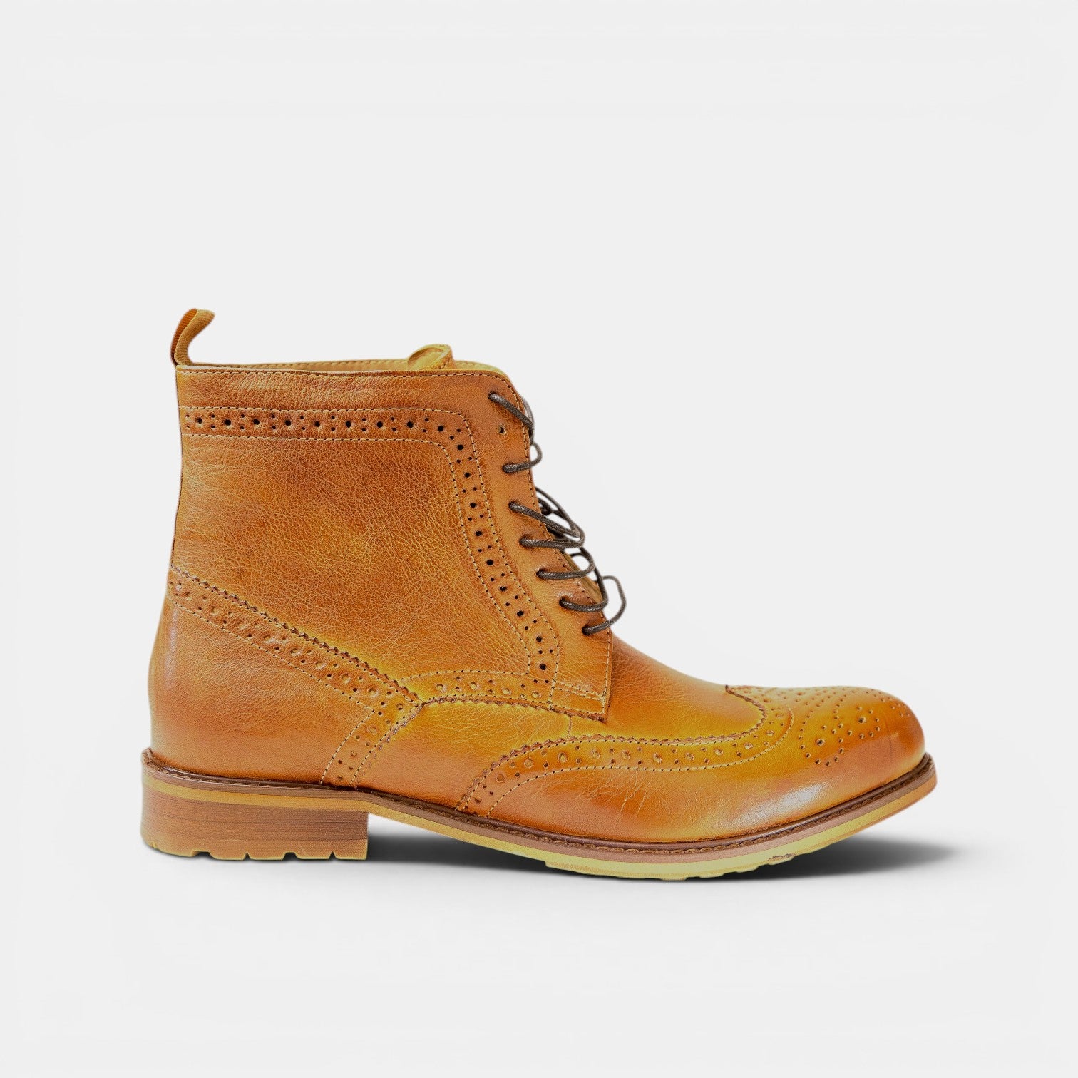 Barcon Getta Inc NAIROBI tan leather wingtip lace-up ankle boots with brogue detailing.