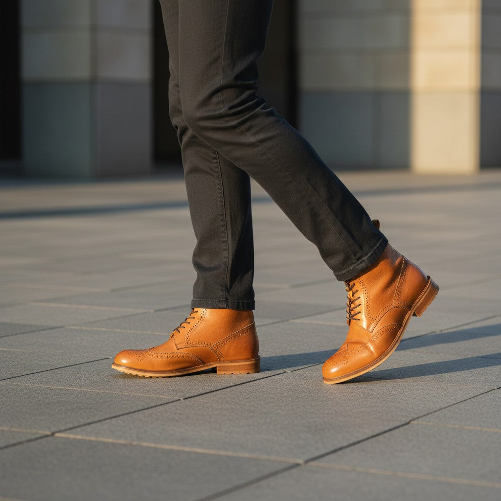 Barcon Getta Inc NAIROBI tan leather wingtip lace-up ankle boots with brogue detailing.