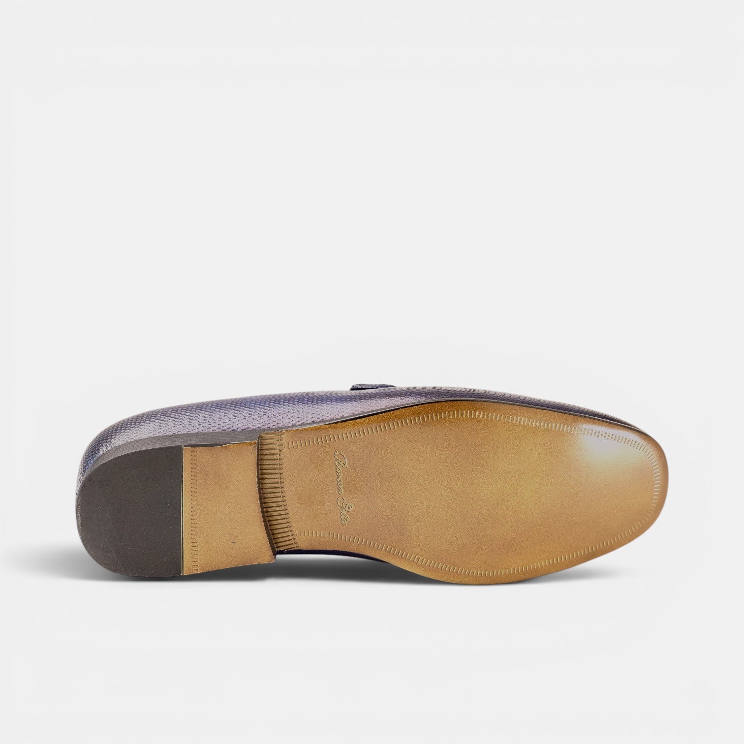 Barcon Getta Inc NAMPULA textured navy blue full grain leather horsebit loafer, showing the sole.