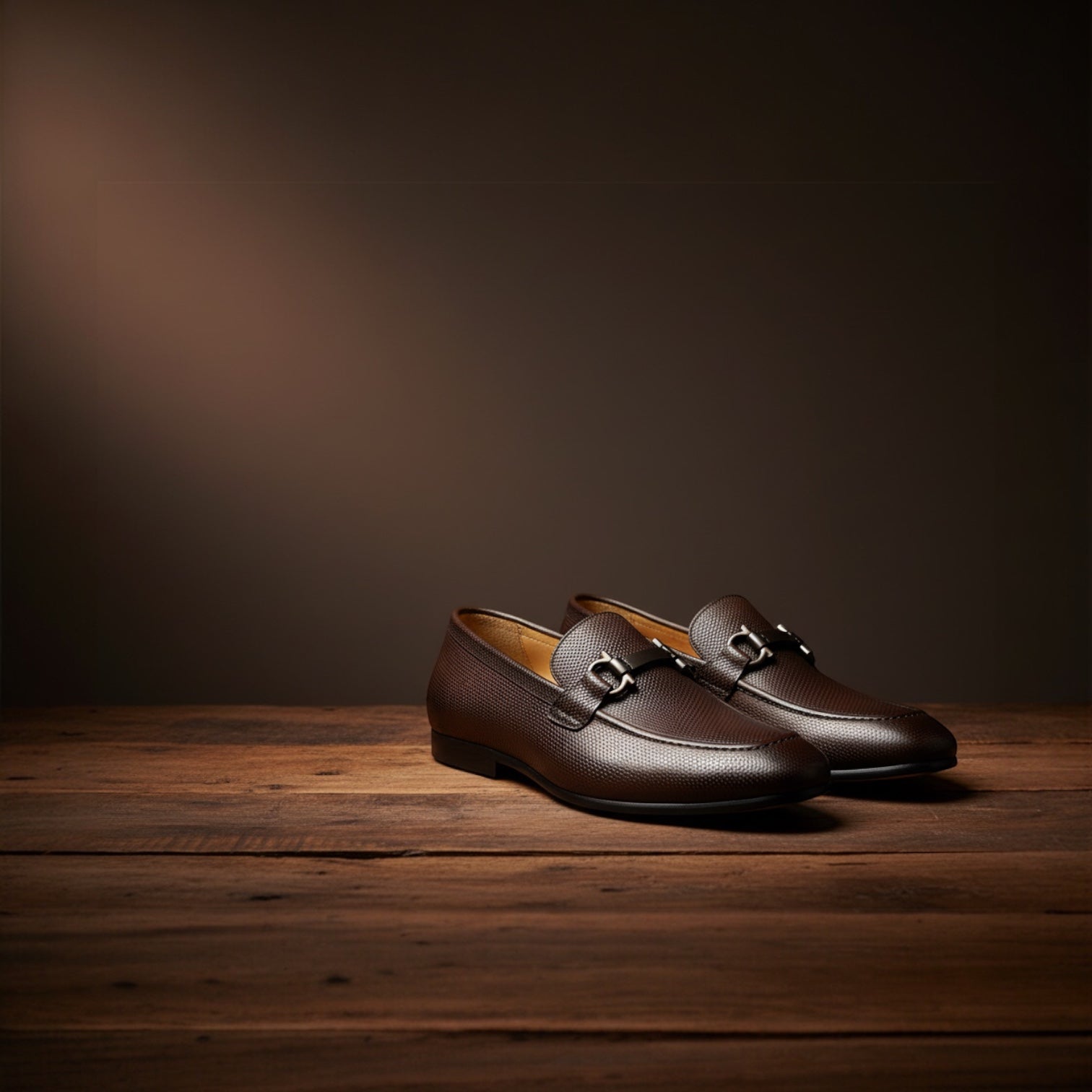 Barcon Getta Inc NAMPULA textured espresso brown full grain leather horsebit loafers with gunmetal hardware.
