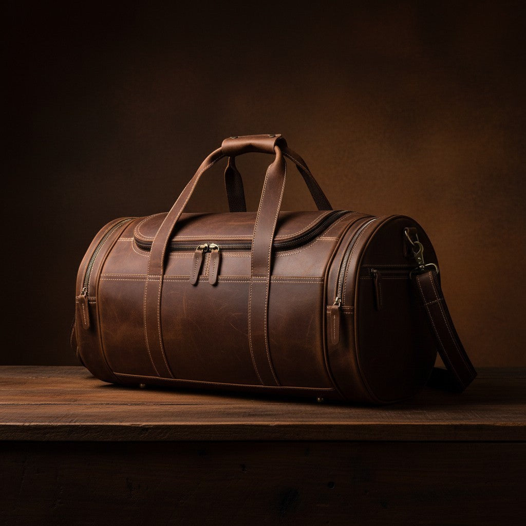 Barcon Getta Inc distressed brown full-grain leather duffel bag with contrast stitching and multiple zippered pockets.