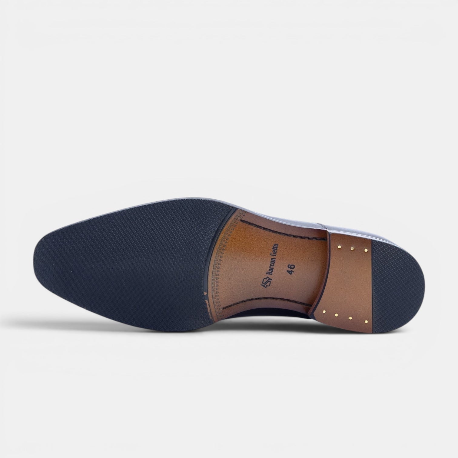 Barcon Getta Inc MOGADISHU CLASS navy full grain leather Oxford dress shoe sole view. Cap toe, closed lacing, leather sole with rubber tread.