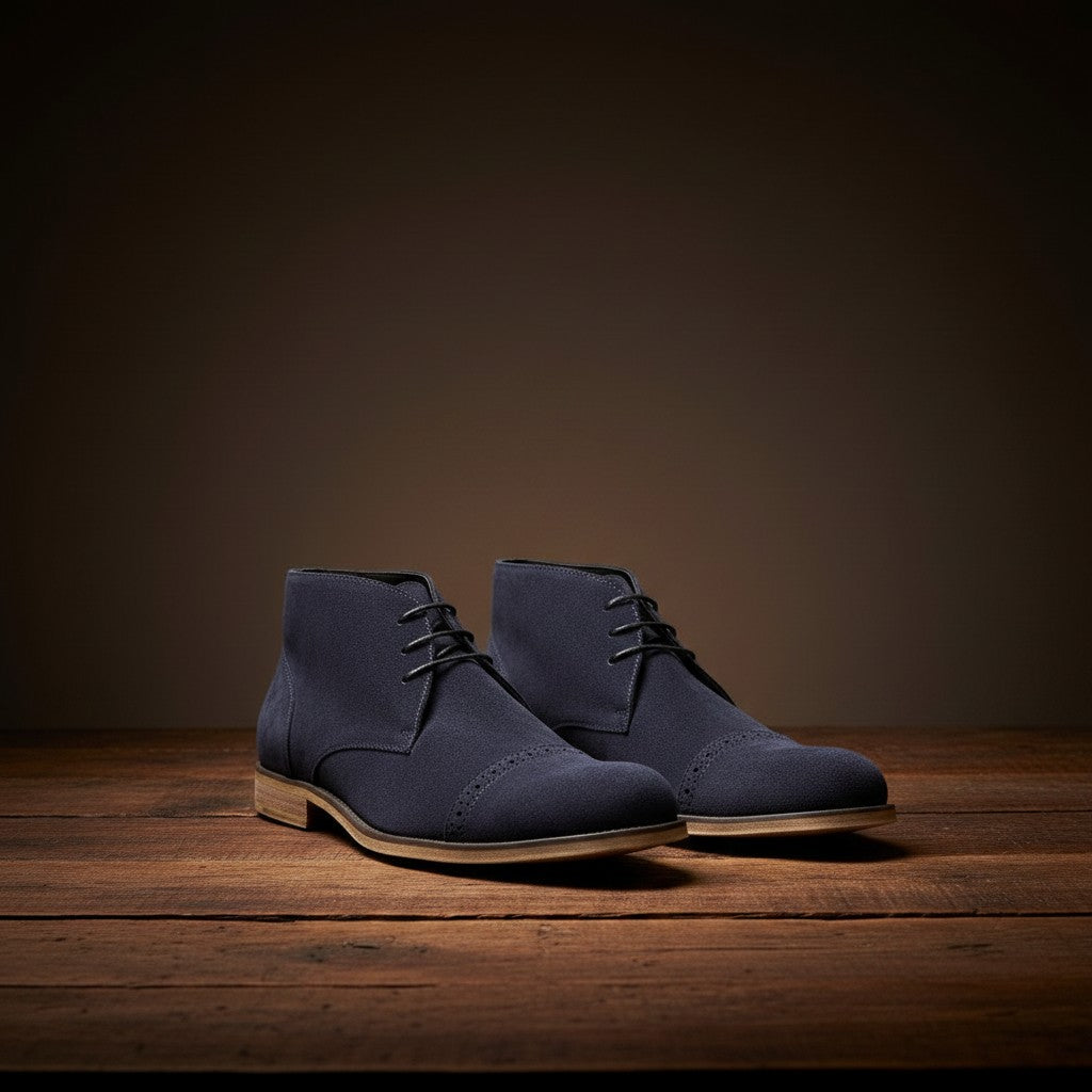 Barcon Getta Inc navy blue suede chukka boots with brogue detailing and a light wood sole. Handmade from Ethiopian leather.