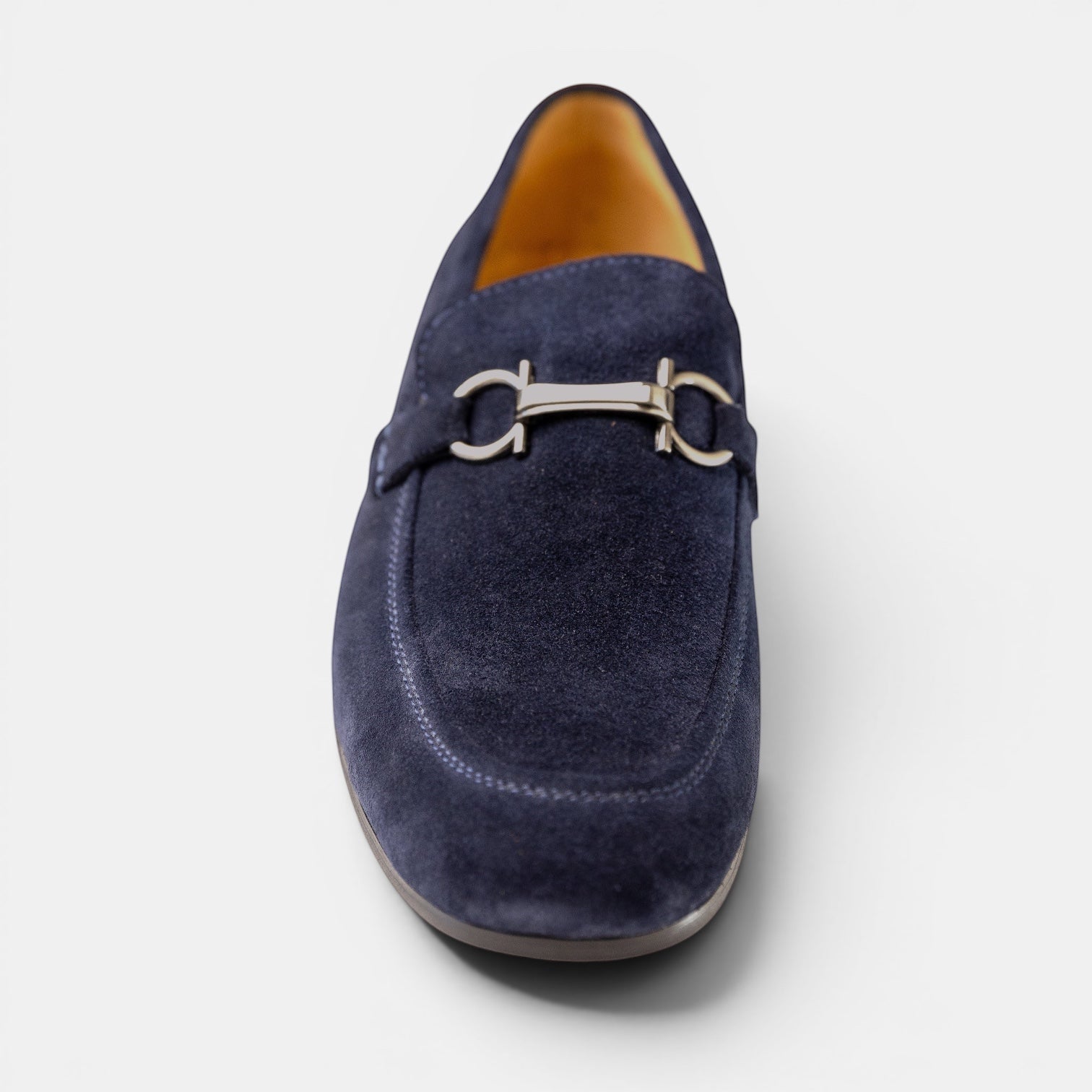 Barcon Getta Inc navy blue suede horsebit loafer with silver-tone double-bar hardware.
