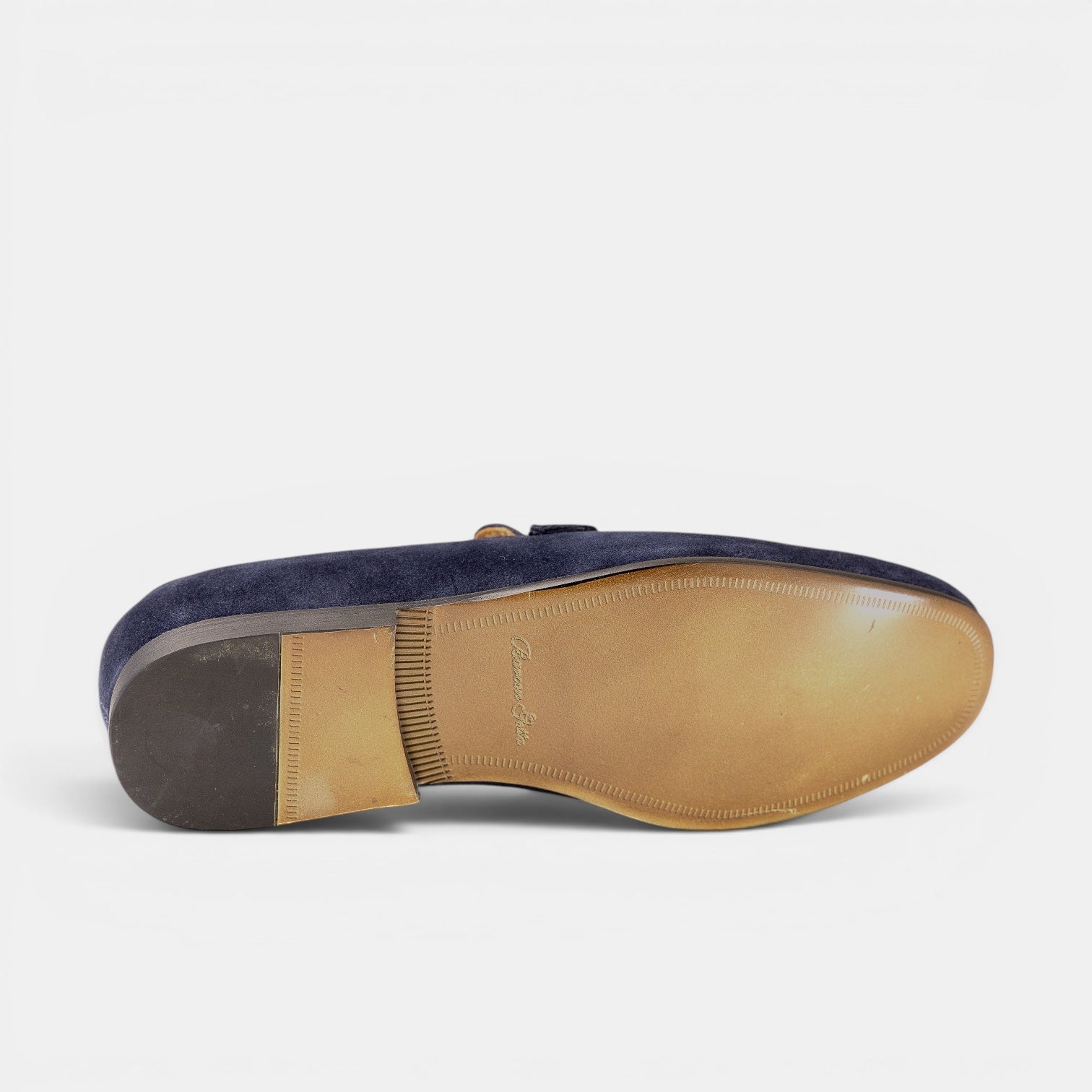 Barcon Getta Inc navy blue suede horsebit loafer with full leather sole and rubber heel pad.