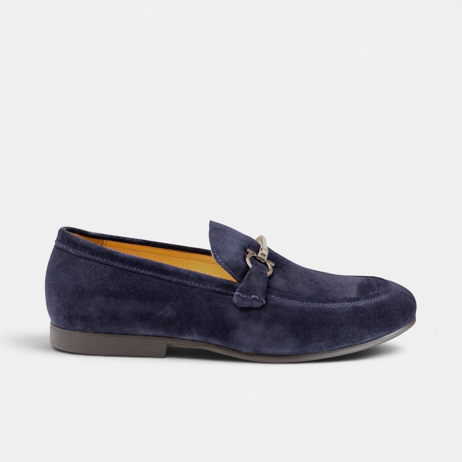Barcon Getta Inc navy blue suede horsebit loafer with silver-tone double-bar bit detail.