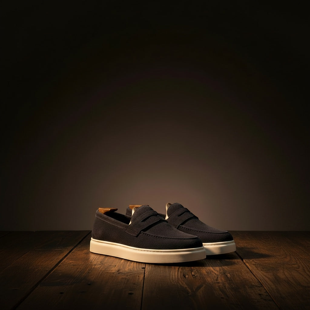 Barcon Getta Inc MEDA navy suede penny loafer sneakers with white rubber soles and a classic penny saddle strap.