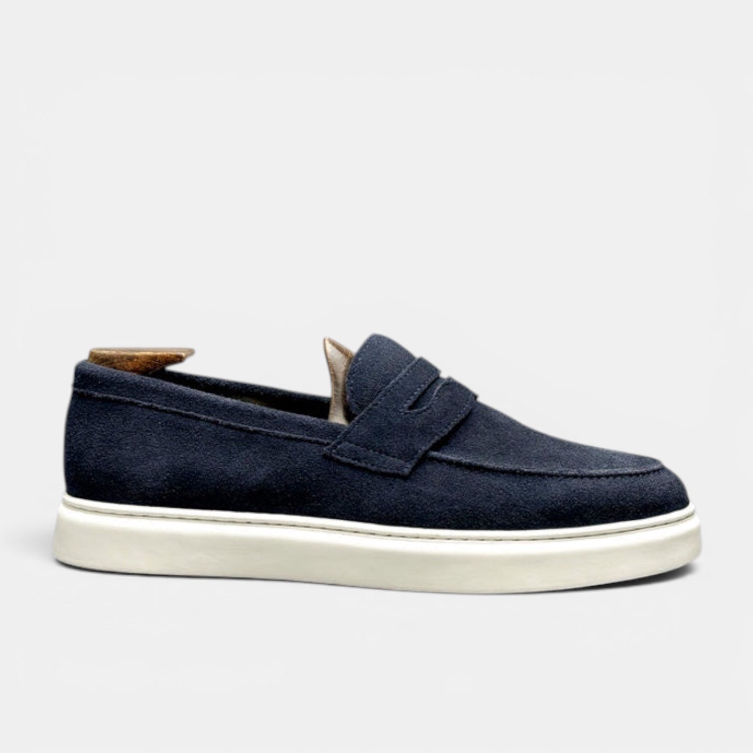 Barcon Getta Inc MEDA navy suede penny loafer sneakers with white cupsole and classic penny slot.