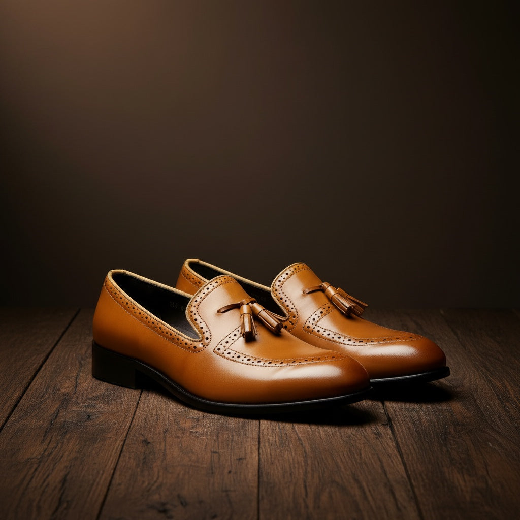Barcon Getta Inc NEGA tassel loafers in warm tan full-grain leather with full brogue detailing and a polished finish.