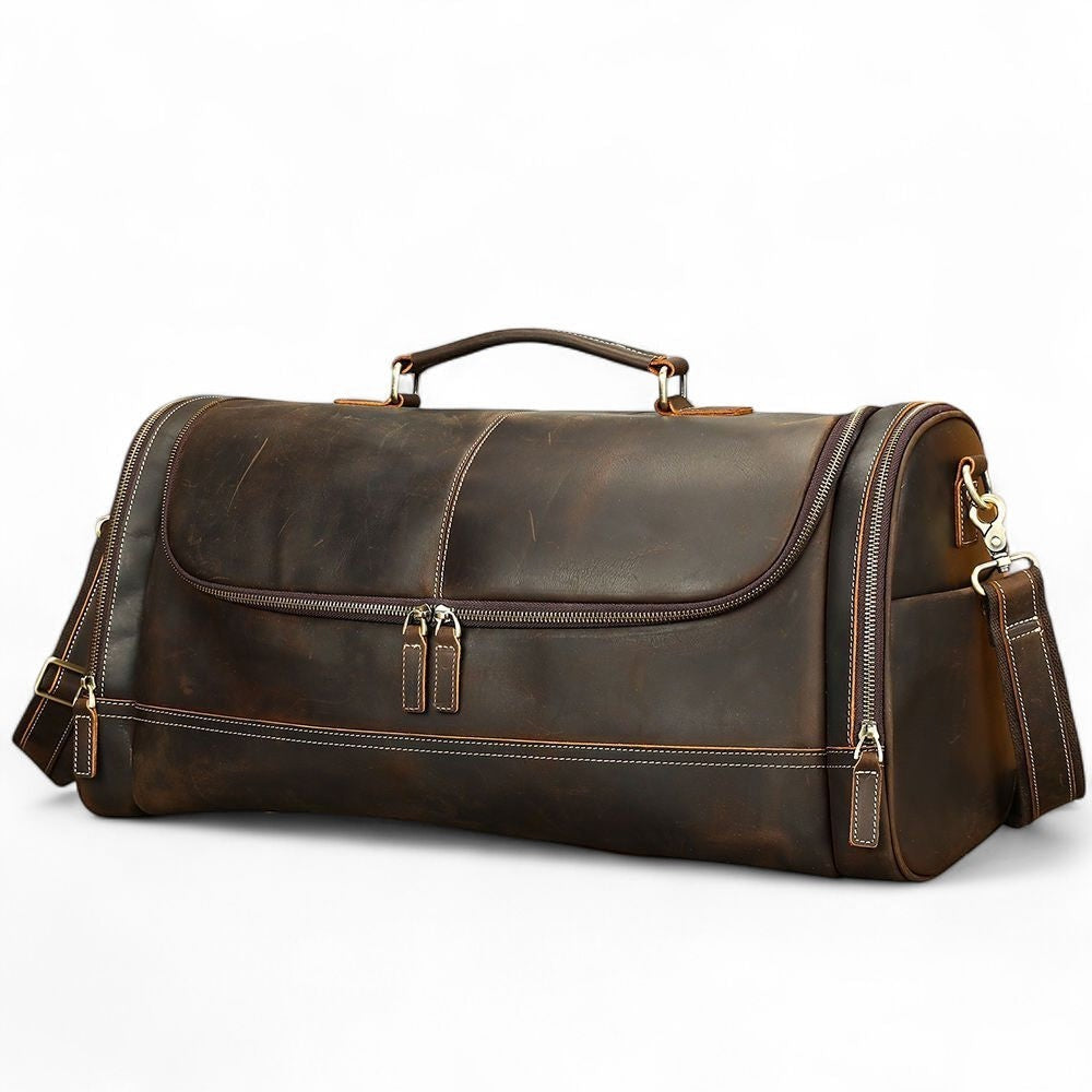 Barcon Getta Inc distressed brown leather duffel bag with double zippers and adjustable strap.