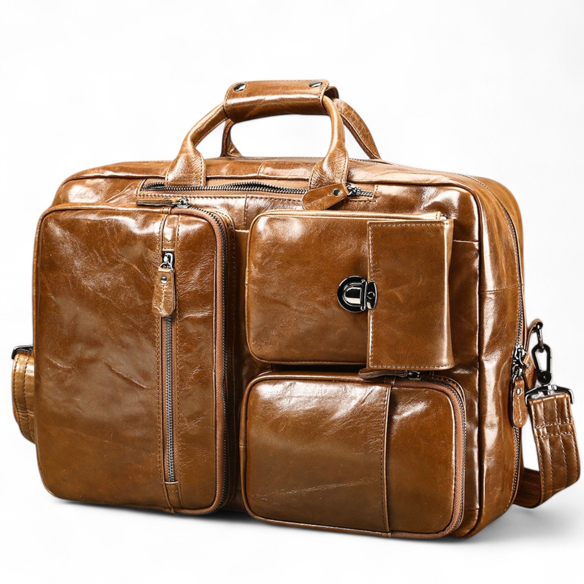Barcon Getta Inc NOVA OFFICE brown genuine leather briefcase with multiple pockets and convertible straps.