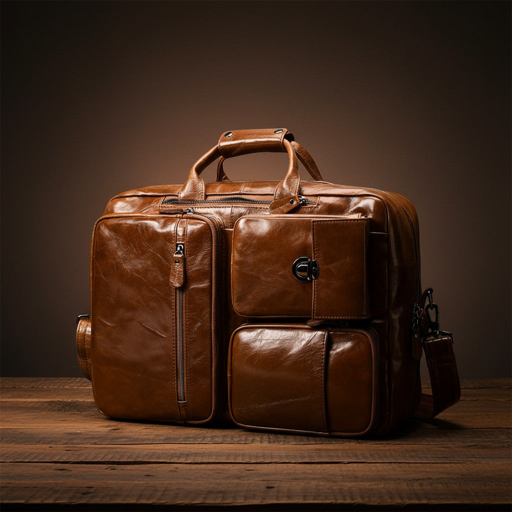 Barcon Getta Inc NOVA OFFICE brown genuine leather briefcase with multiple pockets and convertible straps.