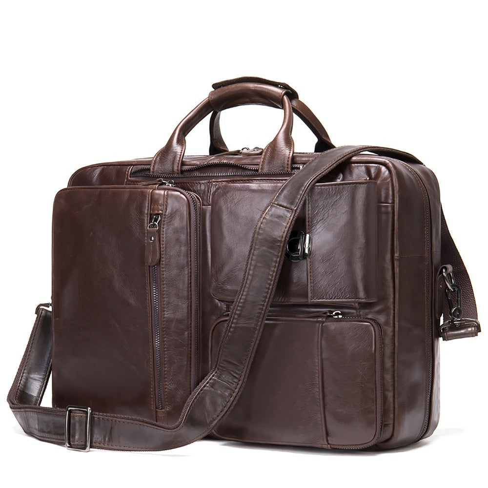 Barcon Getta Inc NOVA OFFICE dark brown genuine leather briefcase with multiple pockets and adjustable strap.