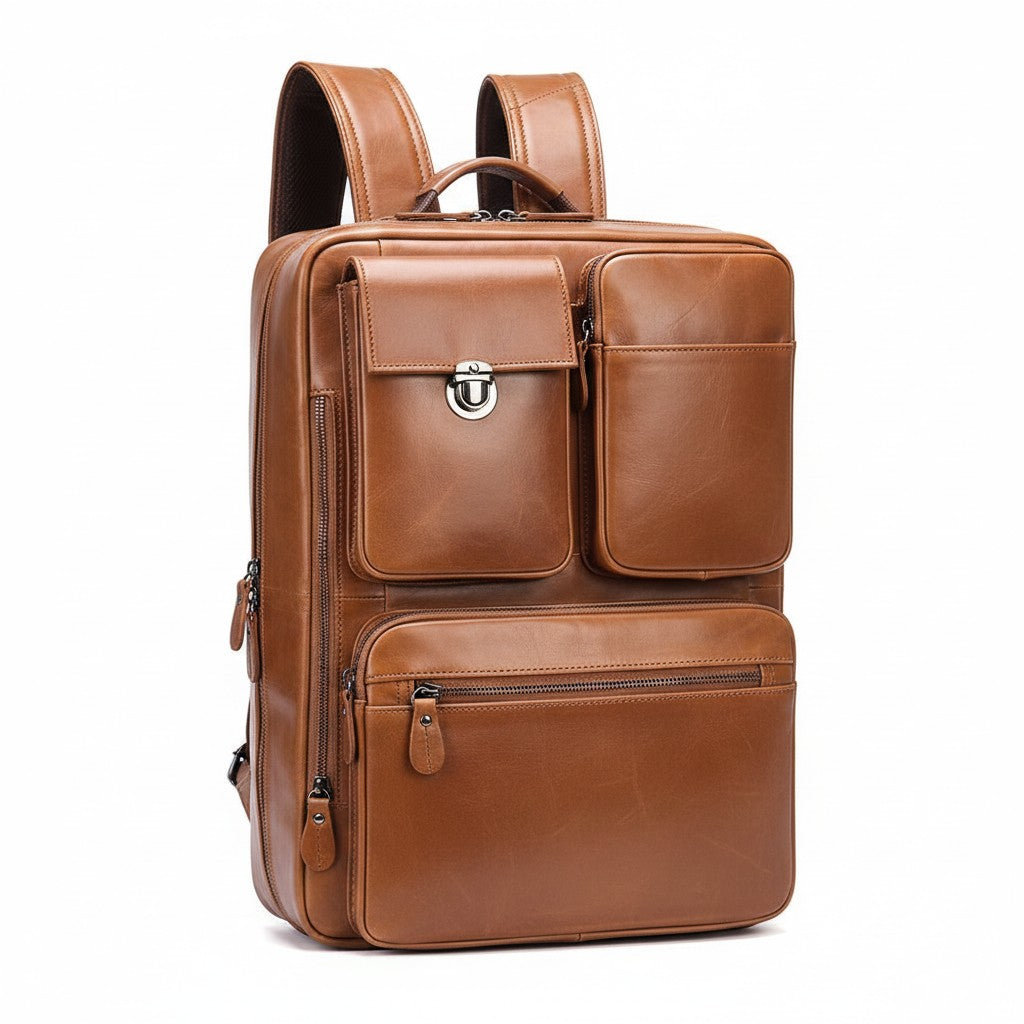 Barcon Getta Inc NOVA OFFICE dark brown genuine leather multi-pocket backpack with adjustable straps and silver hardware.