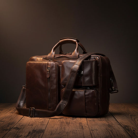Barcon Getta Inc NOVA OFFICE dark brown genuine leather briefcase with multiple pockets and adjustable strap.
