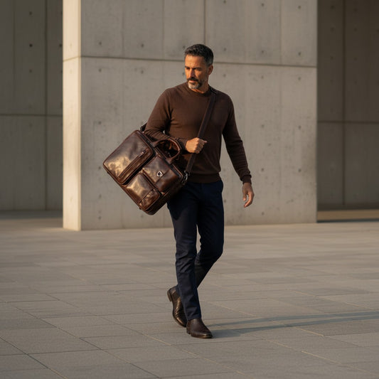 Barcon Getta Inc NOVA OFFICE dark brown genuine leather briefcase with multiple pockets and adjustable strap.