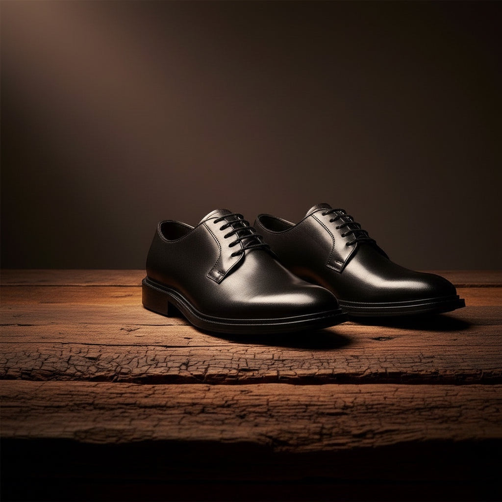 Barcon Getta Inc NYOTA black leather plain toe Derby shoes with open lacing and navy rubber sole.