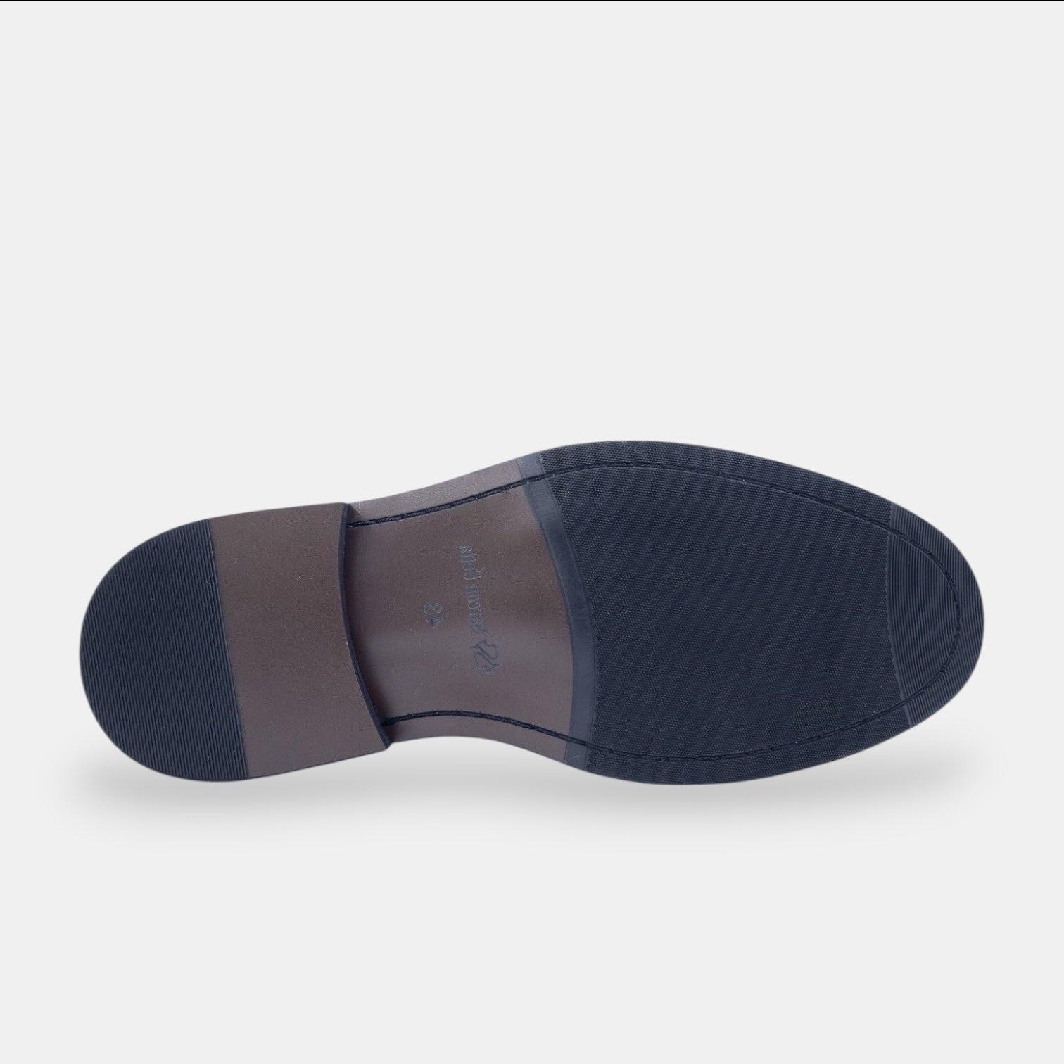 Barcon Getta Inc NYOTA Derby Shoes, dark espresso brown full grain leather with navy rubber sole and ribbed tread.