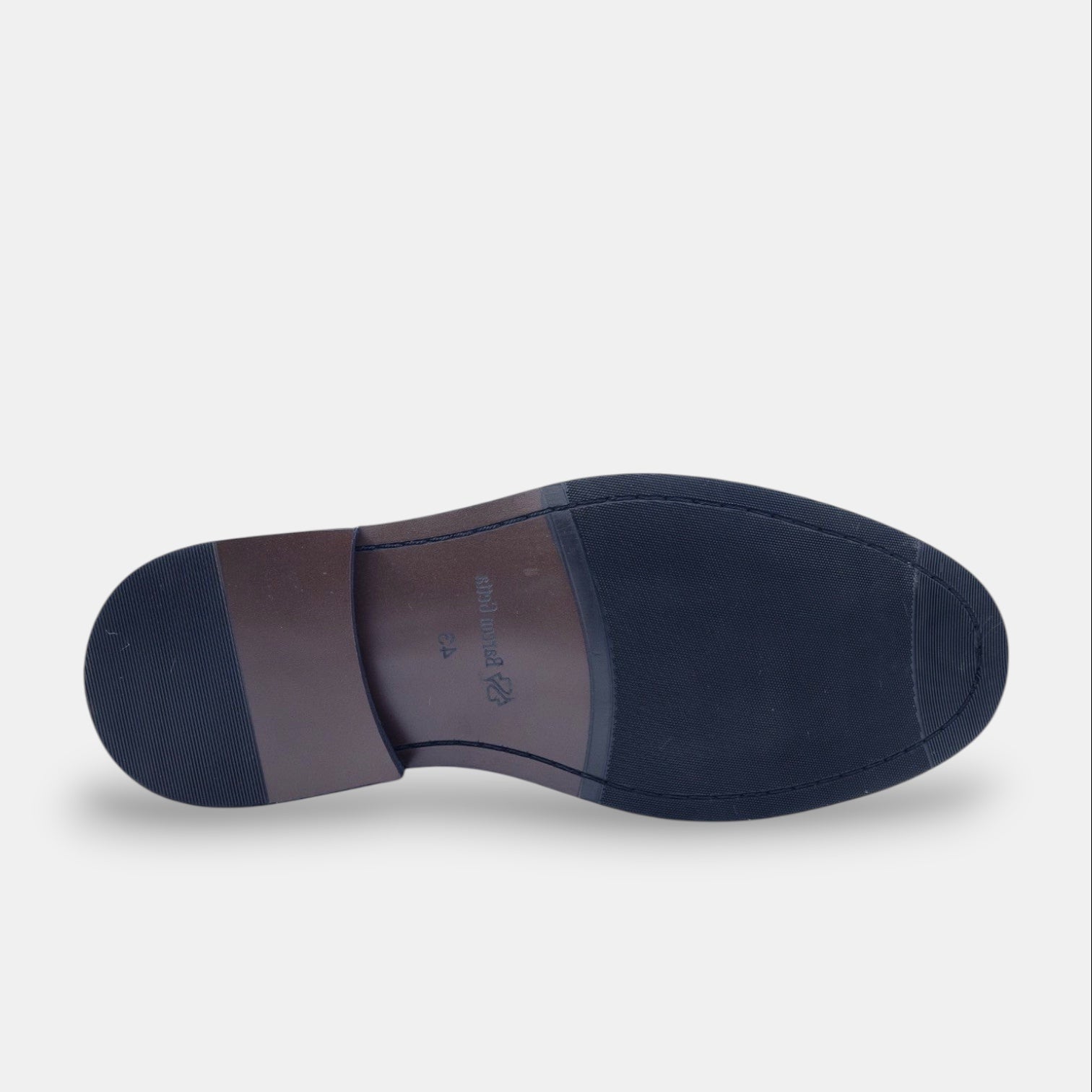 Barcon Getta Inc NYOTA Derby Shoes, dark espresso brown full grain leather sole with navy blue rubber.