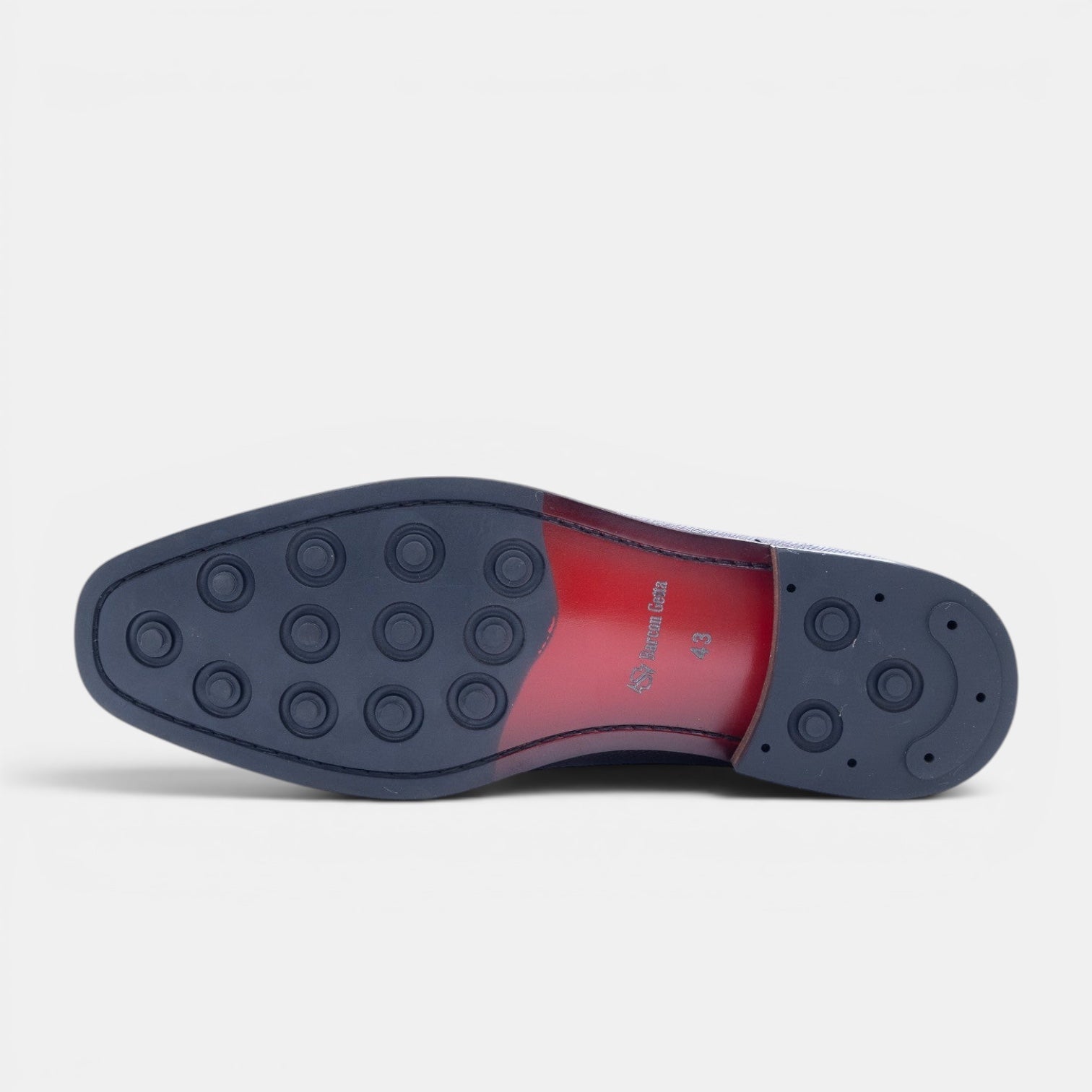 Barcon Getta Inc HAKURI Oxford dress shoes in oxblood brown with red leather sole and navy rubber lug sole.
