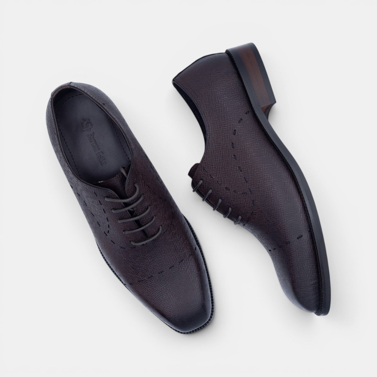 Barcon Getta Inc HAKURI oxblood brown Saffiano leather plain toe Oxford dress shoes with decorative stitching.