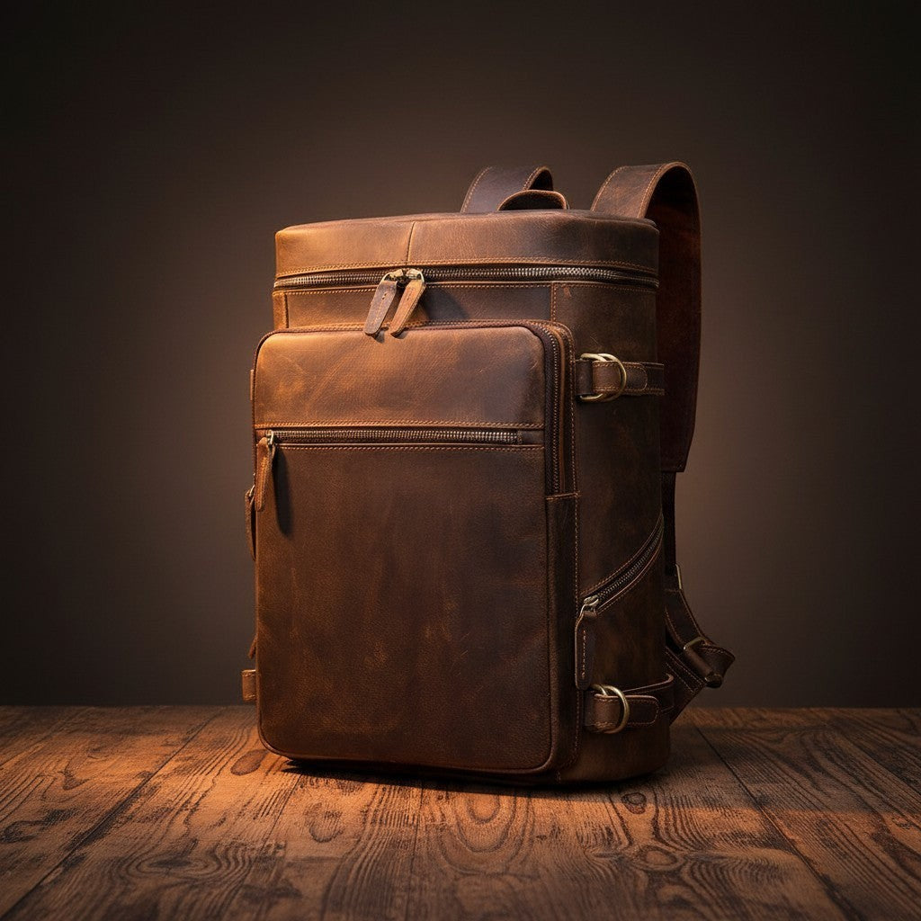 Barcon Getta Inc PATHWAY backpack in distressed brown full grain leather with multiple zippered pockets and adjustable straps.