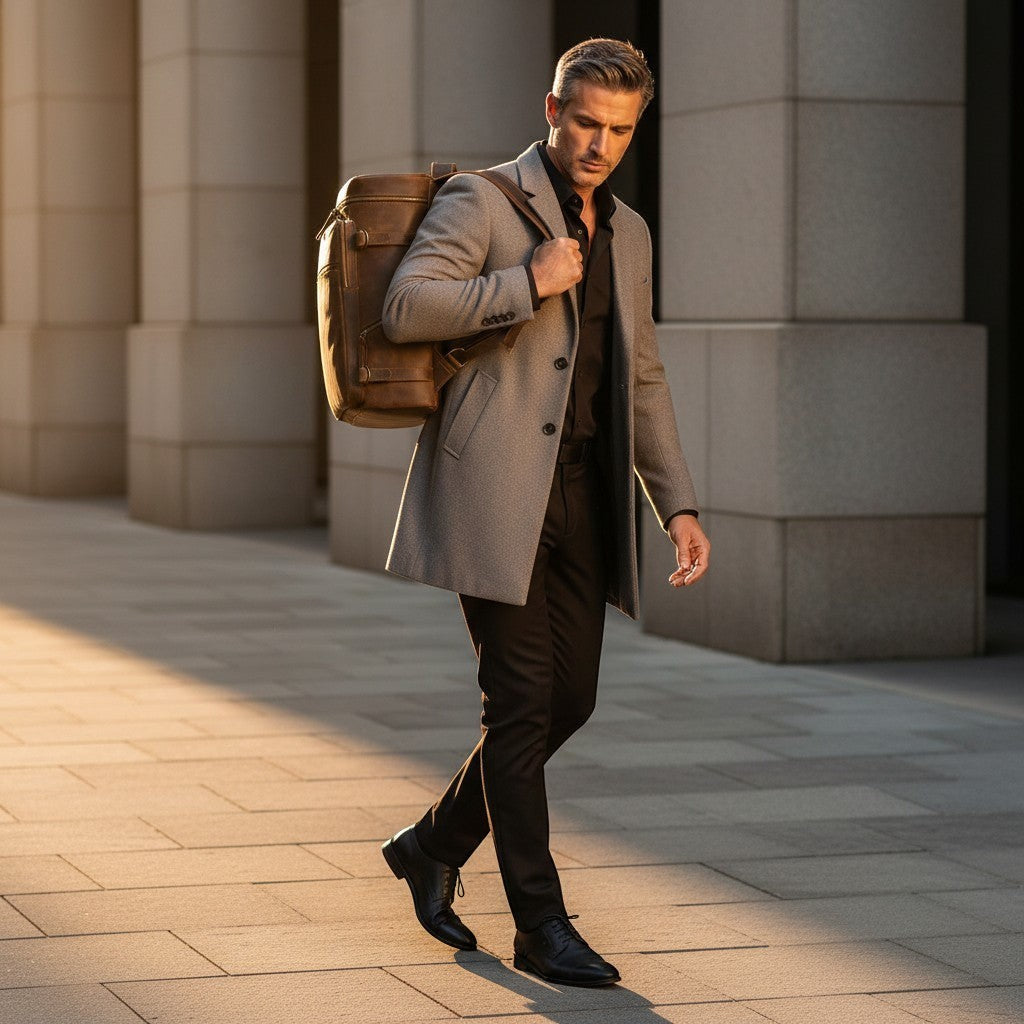 Barcon Getta Inc PATHWAY backpack in distressed brown full grain leather with multiple zipper pockets and adjustable straps.