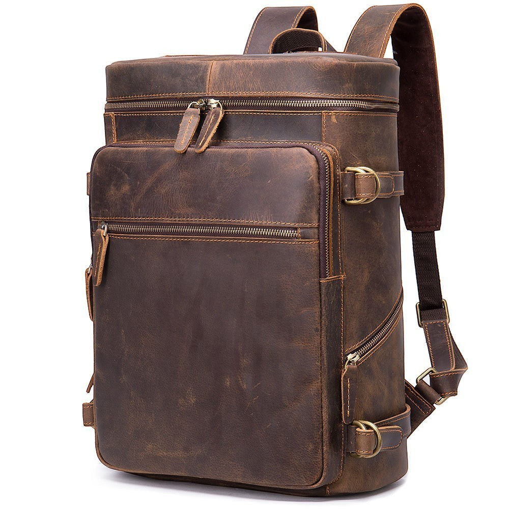 Barcon Getta Inc PATHWAY backpack in distressed brown full grain leather with multiple zipper pockets and adjustable straps.